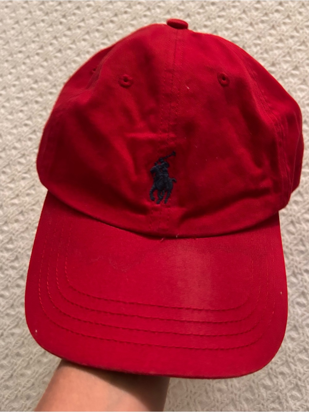 Red polo, Ralph Lauren ball cap navy logo size small